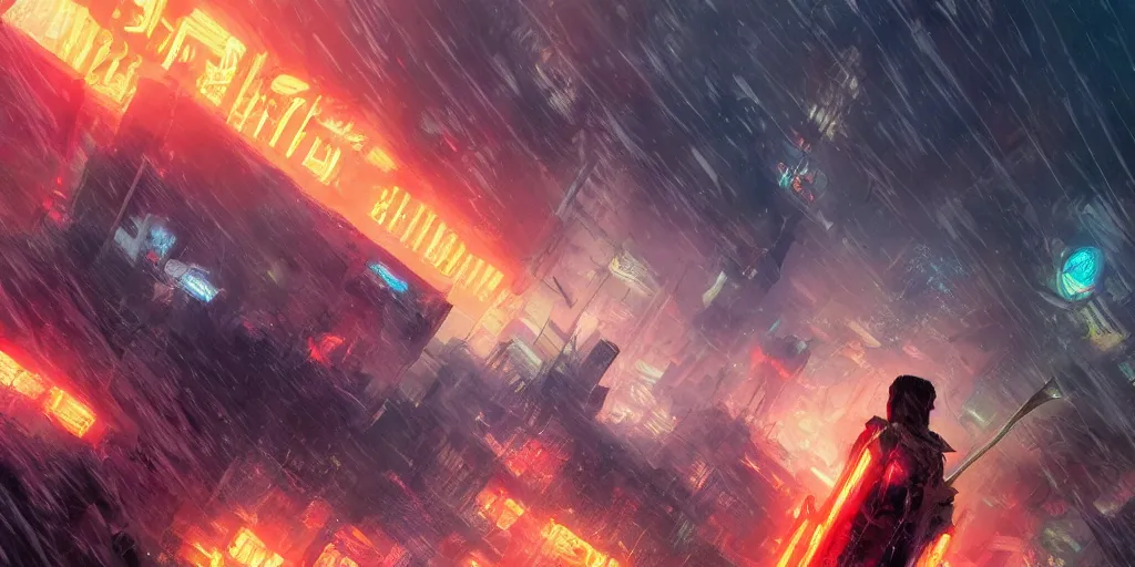 Image similar to blade runner with swords, 3 d anime, arcane style, ny, high resolution, by yoshitaka amano, by ruan jia, by conrad roset, by dofus online artists, city landscape, side scrolling, rule of thirds, 4 k