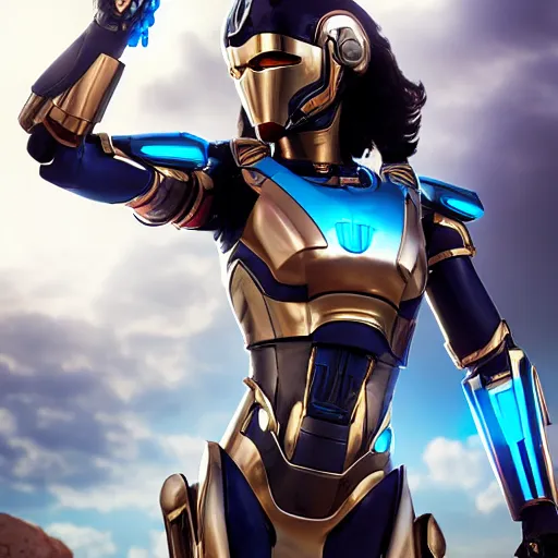 Prompt: a woman hero in a themed futuristic metal suit, super hero, armor, sleek, beautiful face, cinematic pose, sci - fi, egypt themed art, photorealistic, 8 k, pharah, ultron