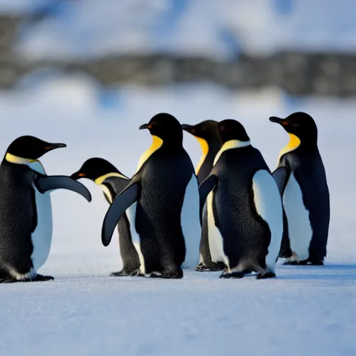 Prompt: of a penguin huddle, warm contrast against the cold snowy background