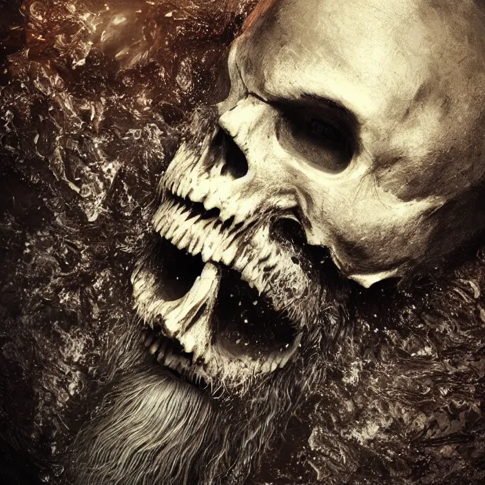 Prompt: bearded Viking face with skull showing on half of face rising through water surface, seen from above, dark fantasy art, 4k ultra hd, trending on artstation