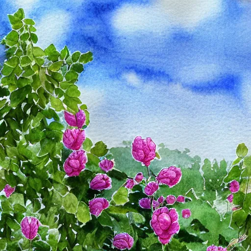 Image similar to delicate marble in a botanic garden, stony, puffy clouds, botanical herbarium paper, watercolor colored painting and pencil, iridescent colors, 8 k, realistic shaded, fine details, artstation, italian, colonnade, vines, flowers, gardena architecture, pompeii