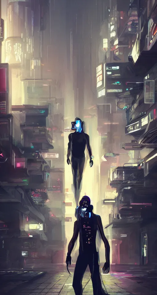 Image similar to concept art portrait of male cyberpunk walking through futuristic town