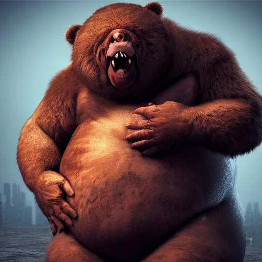 Image similar to cinematography picture of very fat monster with human skin, holding a bear while eating a human, unreal engine 5, ps5, ultra realistic, hyperrealistic, artstation