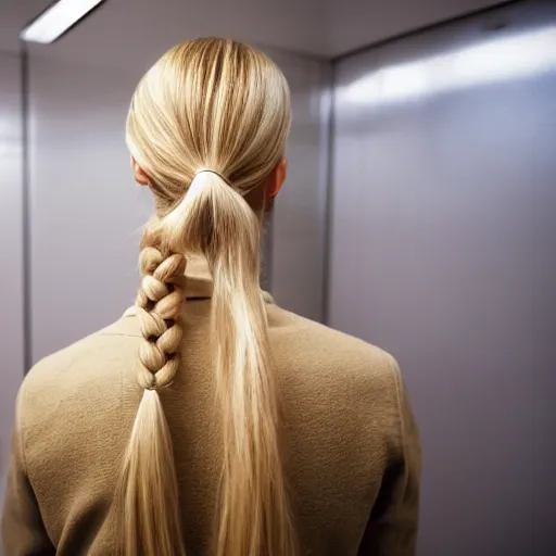 Prompt: profile of cute female nurse, blond hair. ponytail, white coat, in an elevator, steve mccurry