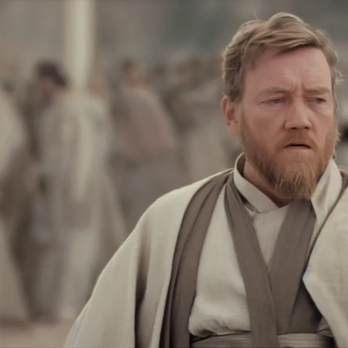 Image similar to obi wan kenobi but obese!!, photoralistic rendering, movie still, screenshot, hyperdetailed