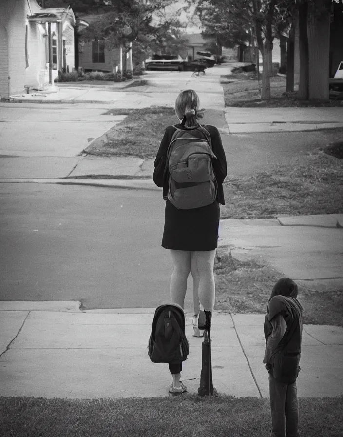 Prompt: “ quiet american neighborhood, a woman waiting holding a backpack, in the style of gregory crewdson ”