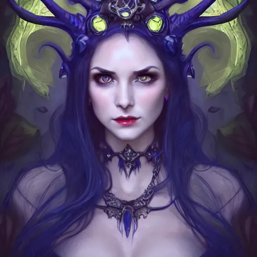 Image similar to wide angle, necromancer tiefling, blue dress, 2 jeweled horns, focused, forest, female, d & d, fantasy, intricate, elegant, highly detailed, long black hair, digital painting, artstation, octane render, concept art, matte, sharp focus, illustration, hearthstone, art by artgerm, alphonse mucha johannes voss