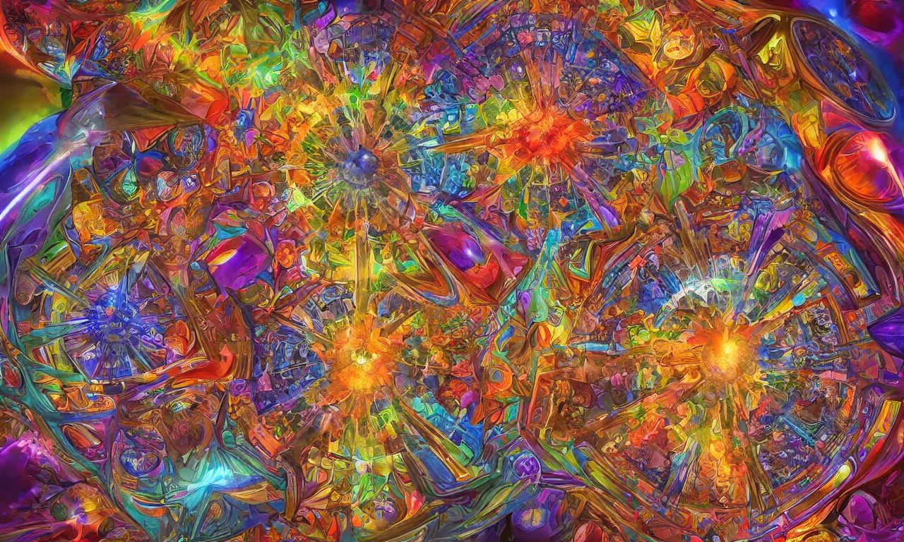 Image similar to voronoi engine laboratory 3 d volume kaleidoscope mandala fractal chakra digital multicolor stylized concept substance by artgerm, rossdraws, norman rockwell, magali villeneuve, gil elvgren, alberto vargas, earl moran, enoch bolles radiating a glowing aura global illumination ray tracing hdr