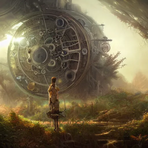 Prompt: a ultradetailed beautiful concept art of the core of a steampunk machine where vegetation have start to peacefully grow, dramatic lighting, dynamic lighting, cinematic lighting, lit by morning light, concept art, high resolution 4 k, by tom bagshaw, greg rutkowski, charli bowater and artgeem