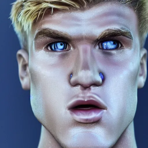 Prompt: a realistic detailed photo of boxer & youtuber jake paul as a humanoid robot, half humanoid, half robot, blank stare, shiny skin