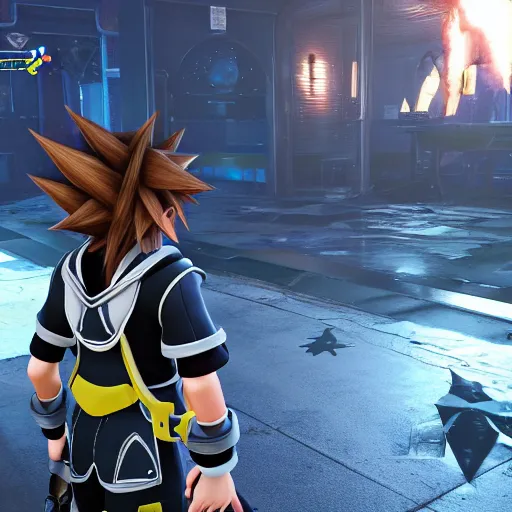 Prompt: Kingdom Hearts 3 as a First Person Shooter game with a HUD, Fallout 4 inspired screenshot of kingdom hearts 3, unreal engine 4, stunning visuals with rtx on, trending on artstation, Disney Square Enix and Fortnite Crossover