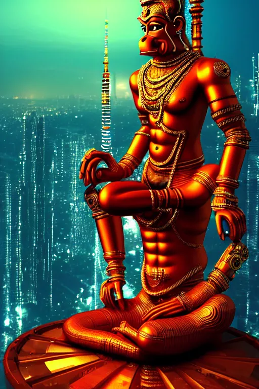 Image similar to high quality 3 d render colorful cyborg! hanuman sitting, gold madhubani, highly detailed, cyberpunk!! mumbai in the background, vray cinematic smooth, blade runner, moody light, low angle, uhd 8 k, sharp focus