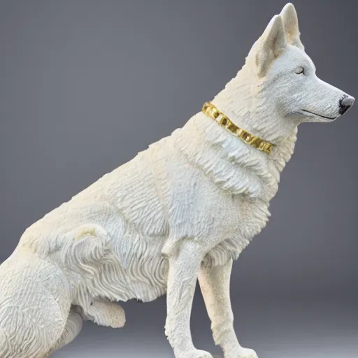 Image similar to detailed photo of a white shepherd statue made of gold, various posed, studio light, 8 k, photorealism, intricate detail, museum diffuse lighting