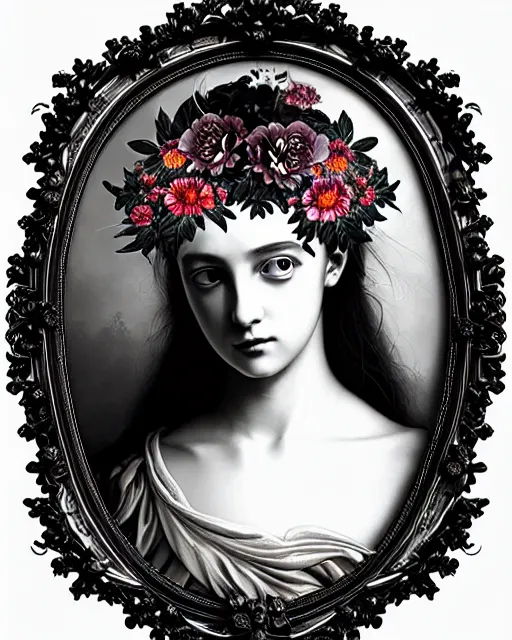 Image similar to masterpiece monochrome profile portrait painting, dutch masters, silver lace floral steampunk biomechanical beautiful one techno eye young female cyborg, big monocular, volumetric light, leaves foliage and stems, hibiscus flowers, gustave dore, rim light, big gothic fashion pearl embroidered collar, 8 k