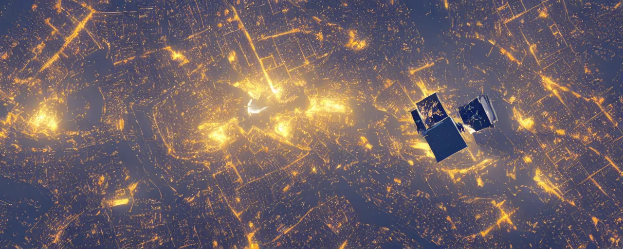 Image similar to a satellite image of city lights, cell automata, unreal engine, octane render, detailed and intricate, cloudy, global illumination, volumetric lighting, hubble telescope images, james webb telescope images, detailed and intricate environment, color graded