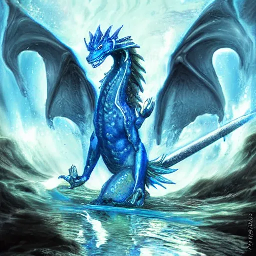 Image similar to a spirit of a water dragon being released by a blue elemental sword, fantasy art