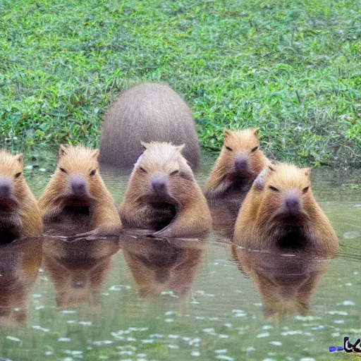 Prompt: a squad of capybara astronauts on a swamp planet