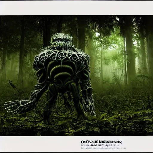 Image similar to a complex organic fractal 3 d metallic symbiotic ceramic humanoid megastructure creature in a swampy lush forest, foggy, cinematic shot, photo still from movie by denis villeneuve, wayne barlowe, polaroid