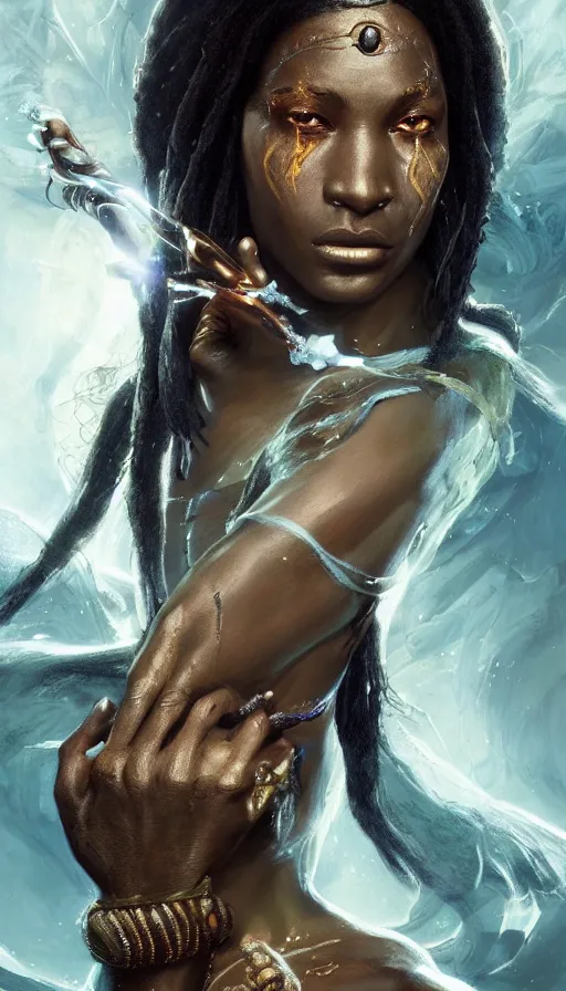 Image similar to epic masterpiece portrait of a dark skin sorceress with a magic wand, african tribe, sweaty skin, hyperrealistic, octane render, cinematic, followed by heads with many faces, beautiful face and flawless skin, perfect hands, emeralds by Edgar Maxence and Ross Tran and Michael Whelan, Legends of Runeterra