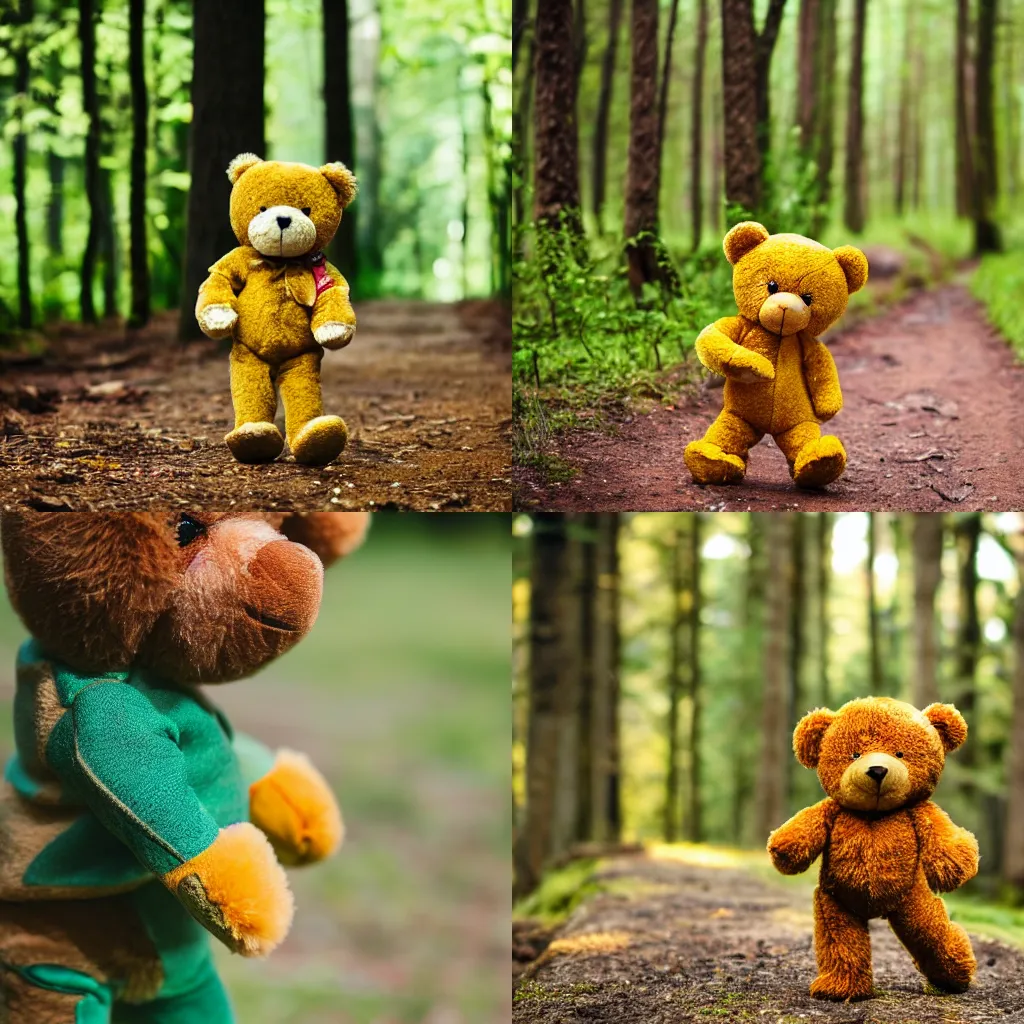 Image similar to a photo of a cute and happy brown teddy bear toy, with green pants and yellow jacket, toy clothes, enjoying a stroll in the forest, telephoto, 5d mk2