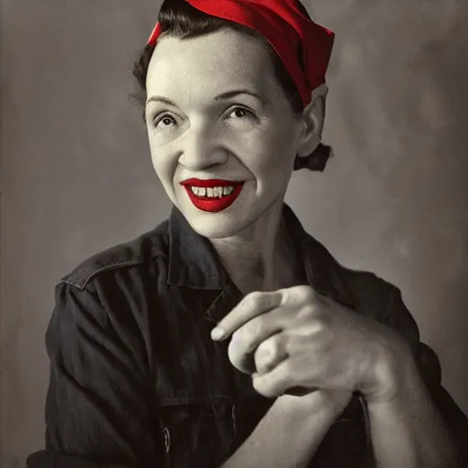 Prompt: a photograph of Rosie the riveter by Annie Leipovitz