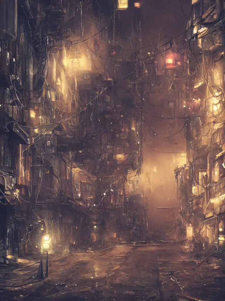 Prompt: steampunk futuristic street, hanging cables, narrow, garbage on the ground. rain. fog, haze, evening. led screens. golden hour. volumetric lighting. cables on the ground. very messy. futuristic. photorealistic. artstation. anime. studio gimbli style