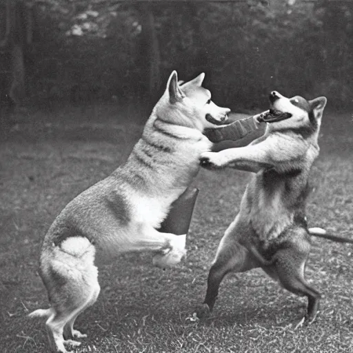 Prompt: A vintage photo of A shiba inu fighting in World War 2
