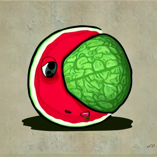 Prompt: A sad watermelon, dreaming of becoming a tank. @adss , digital art