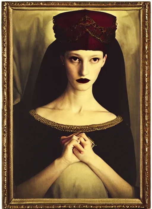 Image similar to portrait of young woman in renaissance dress and renaissance headdress, art by sarah moon