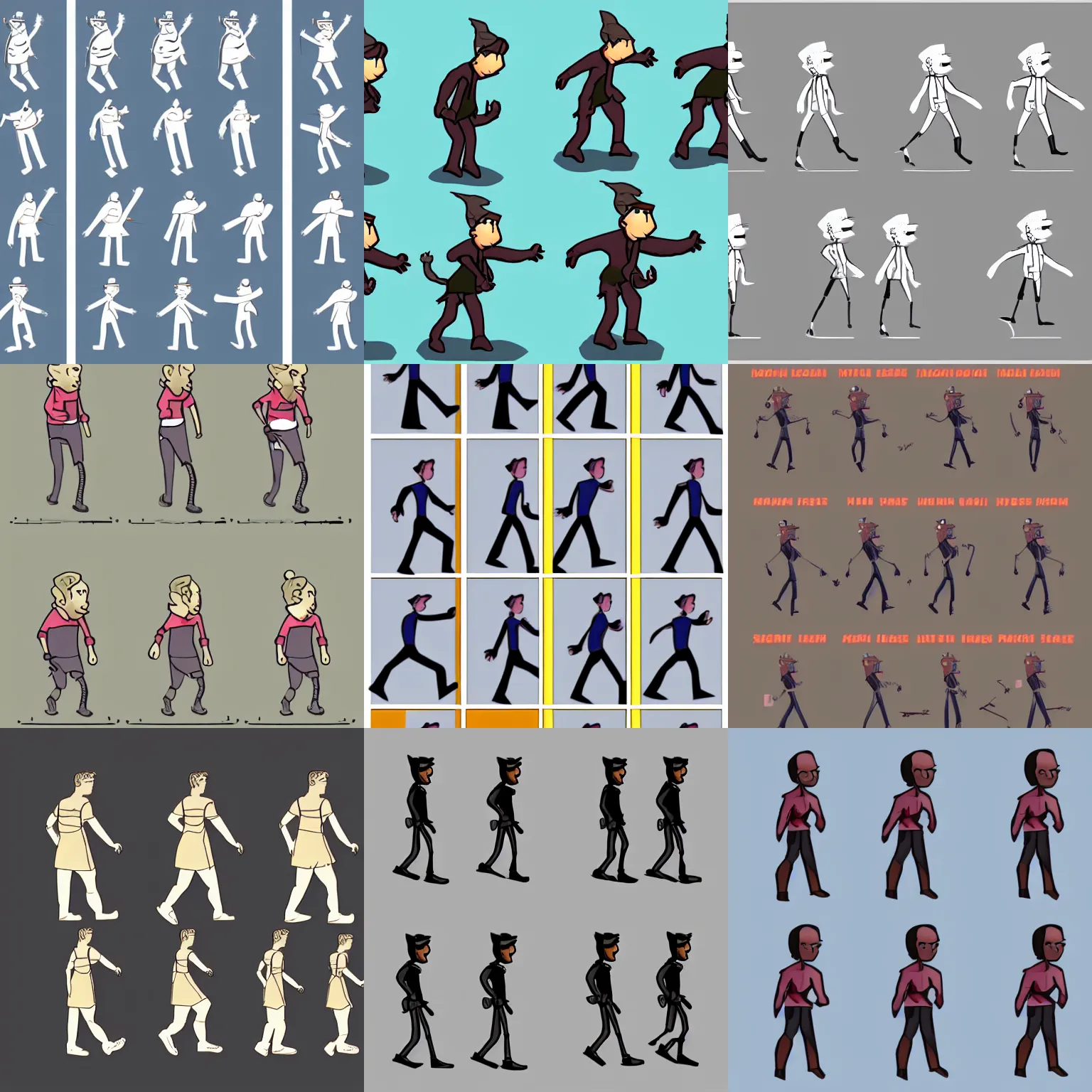 Prompt: animation sheet of a character's walk cycle