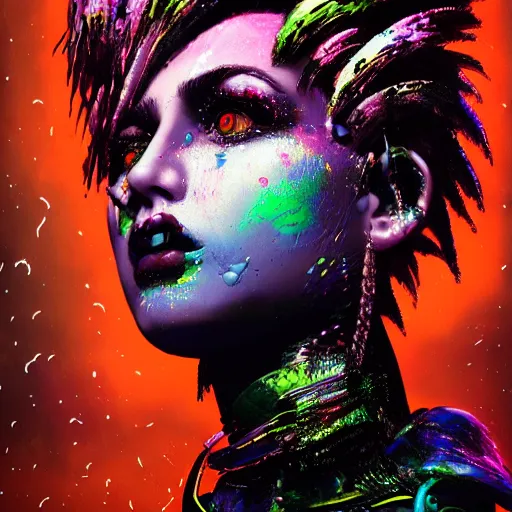 Image similar to splashes of neon galaxies, mowhawk, punk women portrait made out of paint, trending on artstation, epic composition, emotional, beautiful, rendered in octane, highly detailed, realistic, tim burton comic book art, sharp focus, unreal engine