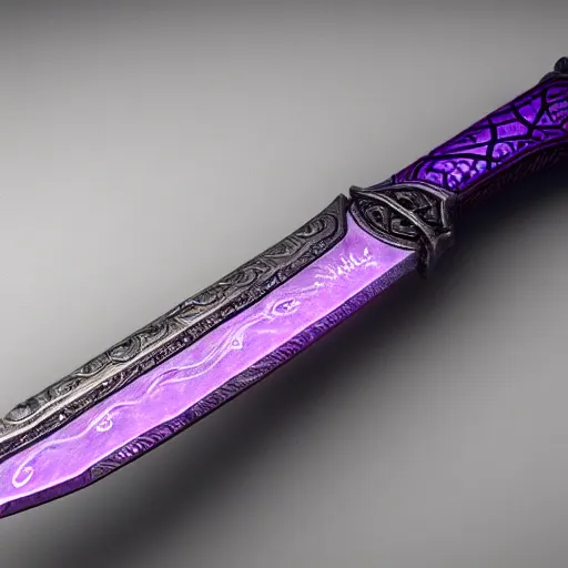 Image similar to european broad sword, narrow blade, vertical running runes on the blade, inscriptions on the blade, highly detailed, 4 k, 8 k, intrinsic design, light purple aura, cinematic lighting, dark grey tint metal, octane render, artstation