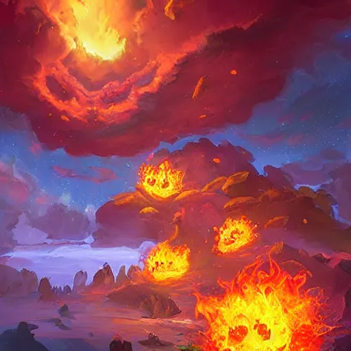 Prompt: giant fiery meteors rain, hearthstone art style, epic fantasy style art, fantasy epic digital art, epic fantasy card game art