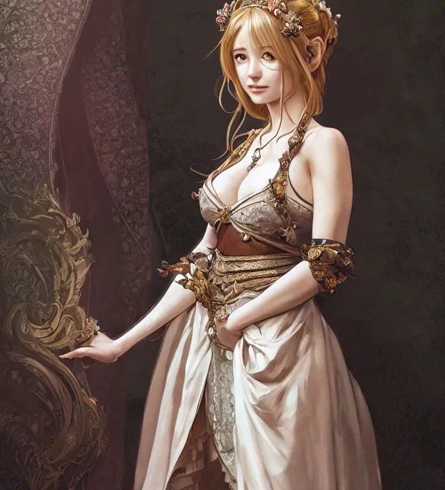 Image similar to portrait of a full body of young beautiful female princess, d & d, baroque dress, elegant, flat lighting, intricate, highly detailed, digital painting, artstation, concept art, smooth, sharp focus, illustration, misa amane, art by simon bisley and greg rutkowski and alphonse mucha, natural tpose