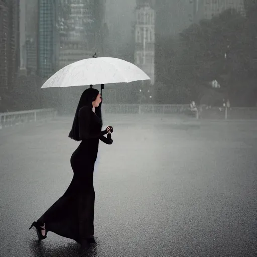 Image similar to morticia addams holding a parasol during a [ humid, rainy day ] as she saunters across the city, closeup!!!, photorealistic facial features, trending on artstation, 4 k photorealism, unsplash, shot by jimmy nelson