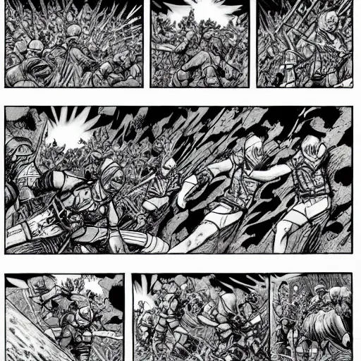 Image similar to large scale battle comic highly detailed in the style of olivier ledroit