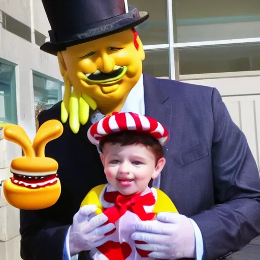 Prompt: the hamburglar kidnapping the Mayor McCheese's infant child in front of Mayor McCheese