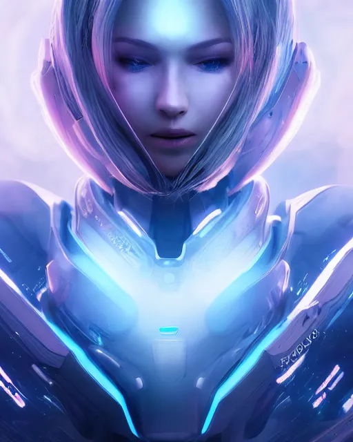 Image similar to perfect android girl on a mothership, warframe armor, beautiful face, scifi, futuristic, galaxy, nebula, raytracing, dreamy, long white hair, blue cyborg eyes, sharp focus, cinematic lighting, highly detailed, artstation, divine, by gauthier leblanc, kazuya takahashi, huifeng huang