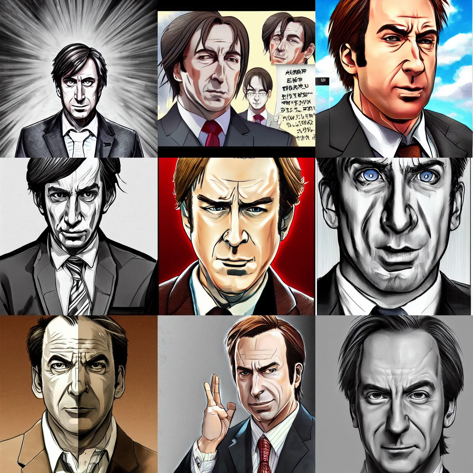 Prompt: amazing highly detailed professional semi - realistic illustration of saul goodman as a seinen manga character, smooth, artstation