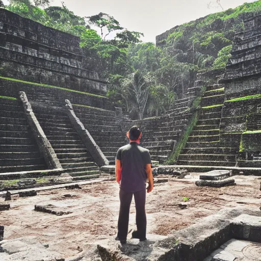 Prompt: explorer observing the ruins of an ancient Mayan city covered by jungle in a humid environment with medium light, humid atmosphere, minimalist art, reslist