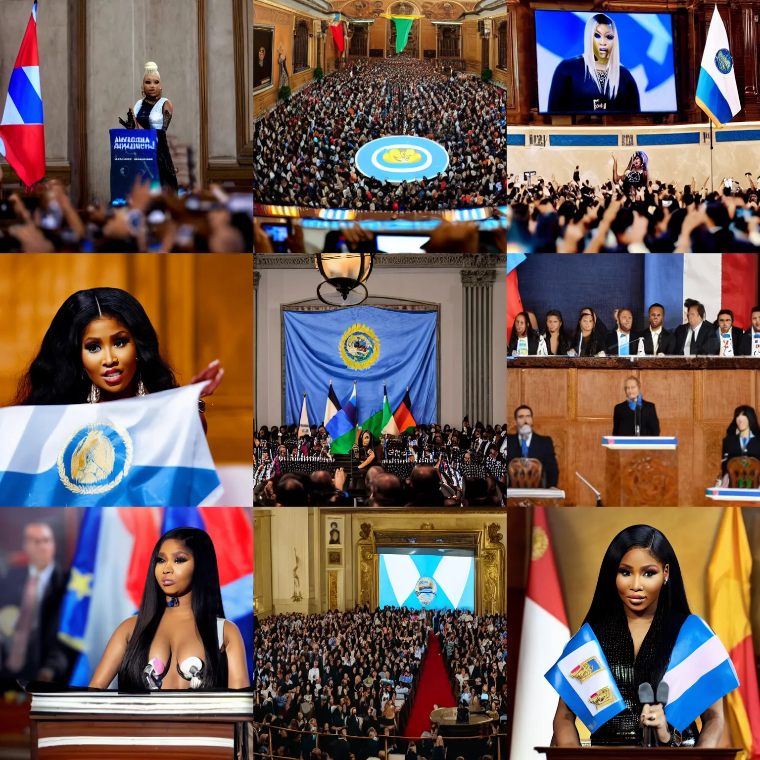 Prompt: A photo of Nicki Minaj delivering a speech, Argentina flags behind, in the Argentine Congress, background out of focus, hd picture, highly detailed