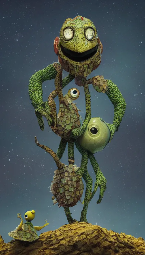 Prompt: a smartly dressed strange bird turtle giraffe chimp chimera creature with scales feathers fins on a lush fertile alien planet, in the style of shaun tan, sam shearon, dr seuss, leng jun, max ernst, surreal, close up, fantastic, wonderful, science fiction, dramatic studio lighting, atmospheric, national geographic, 3 d sculpture 8 k octane render