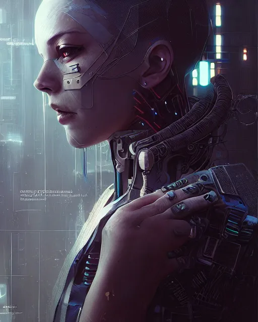 Image similar to portrait of a cyberpunk cyborg. sci - fi, intricate abstract upper body intricate, wlop, concept art, octane render, deviantart, greg rutkowski, cinematic, key art, hyperrealism,