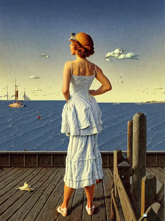 Prompt: a fancy beautiful young lady standing on a wharf at the edge of the sea by rob gonsalves and ruth deckard and gil elvgren and harry ekman and george petty and hilo chen and norman rockwell, crisp details, hyperrealism, high detail, high contrast, low light, grey mist, cobblestones, dim lantern