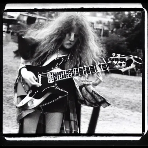 Prompt: Girl holding guitar, girl using electric guitar, long shaggy-haired rocker, wearing denim, proto-metal concert, stoner rock, live concert, 1972, super 8mm, Polaroid