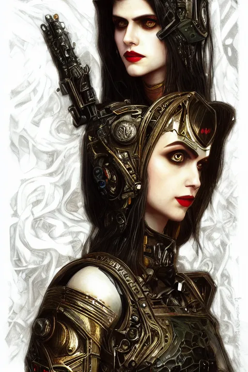 Image similar to portrait of beautiful gothic Alexandra Daddario, cyberpunk, Warhammer, highly detailed, artstation, illustration, art by Gustav Klimt