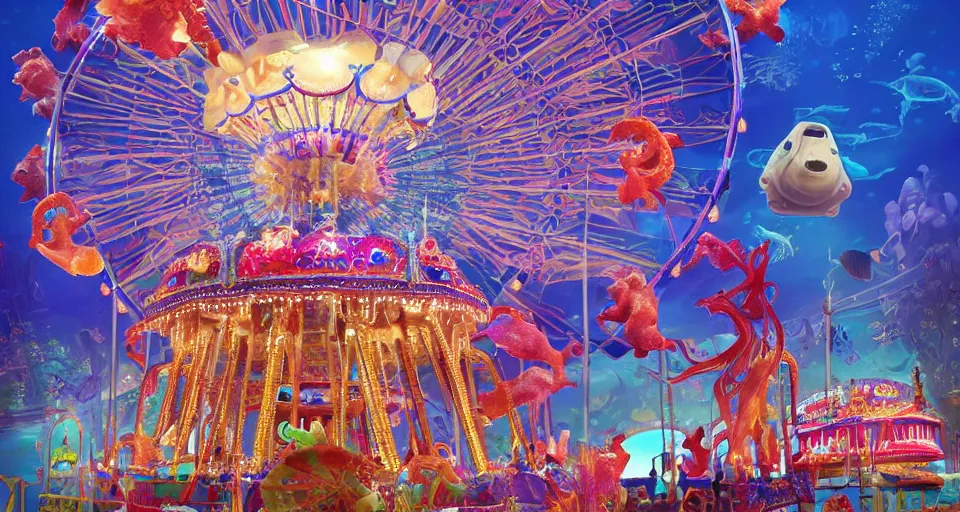 Prompt: underwater carnival, ferris wheel made of jellyfish, seahorse carousel, fish rides, beautiful, artstation, highly detailed,