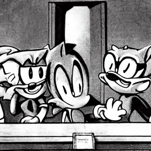 Image similar to sonic the hedgehog is sentenced at the nuremberg trials, historical photograph