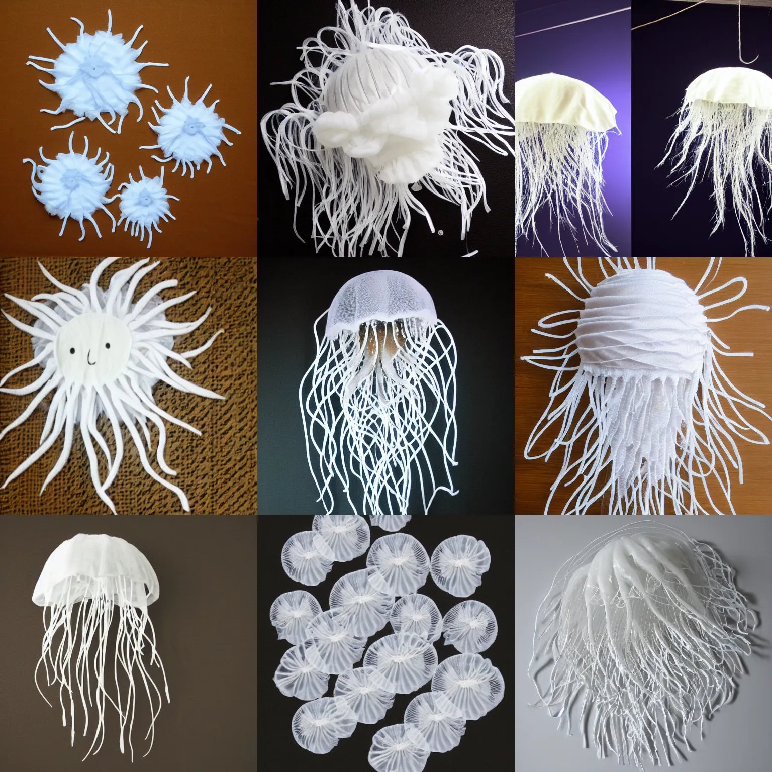 Prompt: flowy white jellyfish made of fabric in the darkness