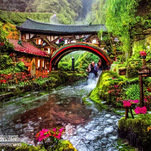 Prompt: spring festival at medieval hobbit village, ornate, beautiful, atmosphere, vibe, mist, smoke, fire, chimney, rain, wet, pristine, puddles, waterfall, melting, dripping, snow, creek, lush, ice, bridge, rainbow, stained glass, forest, roses, flowers, color page, 4 k, contest winner